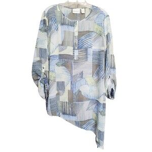 CHICO'S Chiffon Semi-Sheer Henley Angled Hem Roll-Tab Sleeve Tunic Size 2 (LGE)